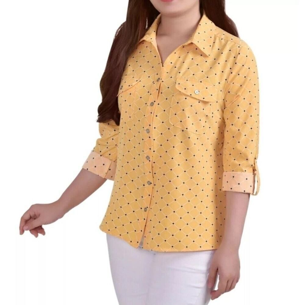 Notations Women's Size Long Sleeve Button Roll-Tab Multi-Yellow Blouse Size L